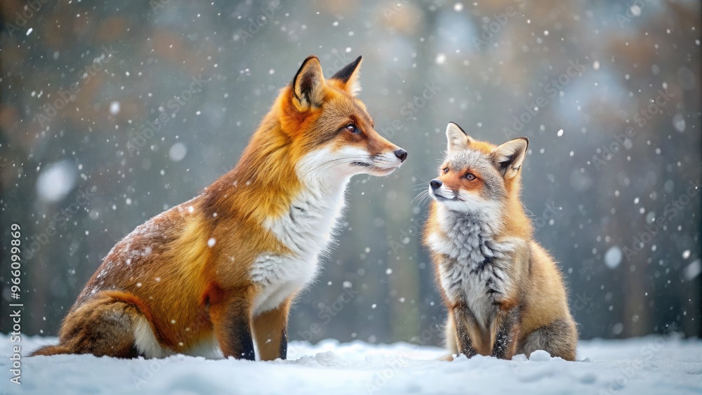 Fototapeta premium Stunning Photo Of A Red Fox And An Arctic Fox Facing Each Other In A Snowy Winter Scene