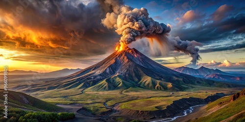 Stunning Panoramic View Of An Active Volcano With Smoke And Fire Erupting From Its Peak In The Rugged Mountains Of Azerbaijan photo