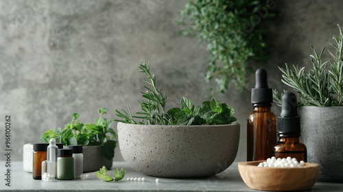 A balanced display of homeopathic remedies and fresh herbs showcases natural healing. arrangement includes various plants, essential oils, and homeopathic pellets, creating serene atmosphere