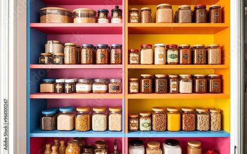 Wallpaper Mural Colorful pantry shelves with glass jars filled with various ingredients, perfect for a minimalist kitchen design. 
 Torontodigital.ca