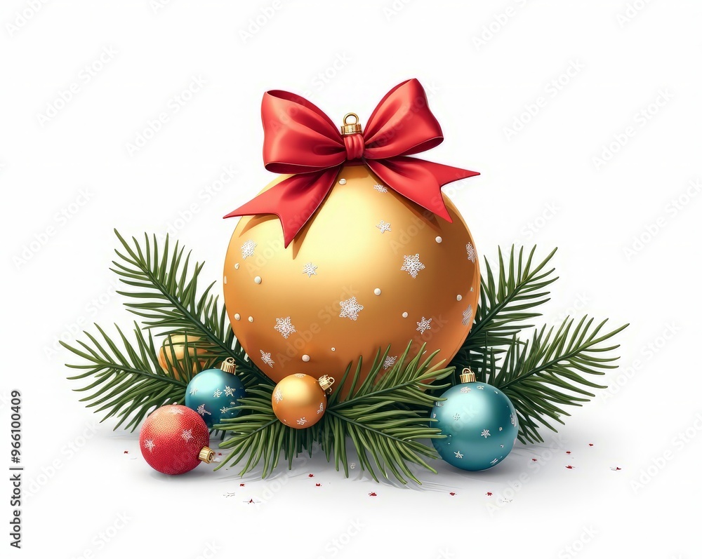 3D Christmas Decorations Balls Fir Tree Branch Candle Bow on white background isolated 3D Christmas Decorations Balls Fir Tree Branch Candle Bow on white background isolated