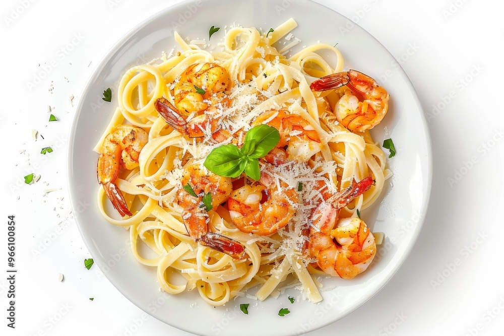 Classic Italian Linguine Pasta with Grated Parmesan Cheese and Fried Shrimps on White Restaurant Plate Classic Italian Linguine Pasta with Grated Parmesan Cheese and Fried Shrimps on White Restaurant Plate