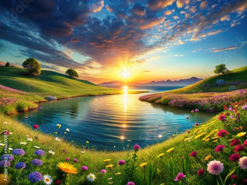 Surreal 3D Landscape With Rolling Grassy Hills, Vibrant Flowers, Crystal-Clear Waters, And Vibrant Sunsets Under A Clear Azure Sky photo