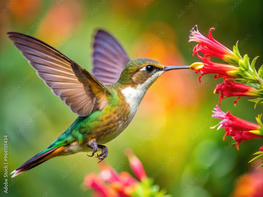 Fototapeta premium Tiny, Vibrant Hummingbird Hovers Close To A Flower'S Bloom, Its Long Beak Inserted Into The Blossom'S Nectar-Rich Center, Capturing A Close-Up View Of The Bird'S Graceful Feeding Motion.