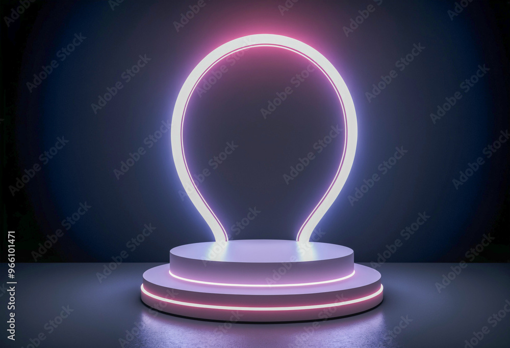 A minimalist white podium with two levels, lit by neon bulbs, against a dark background. generative ai A minimalist white podium with two levels, lit by neon bulbs, against a dark background. generative ai