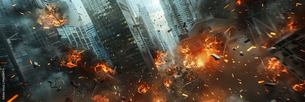 Obraz premium Collapsing Skyscrapers, Apocalyptic Scene, Fire Explosions in Modern City Center, Bomb Destruction