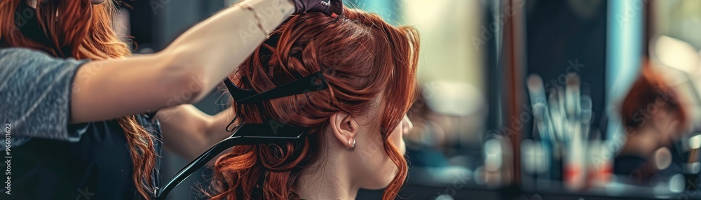Obraz premium Hairdresser styling a woman's red hair in a salon with mirrors and styling tools in the background, showcasing a professional hair care setting.