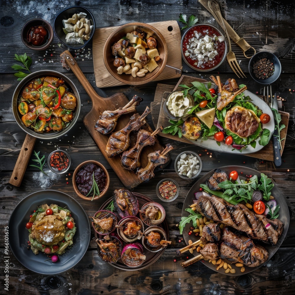 Oriental Food Collection, East Europe Dishes with Grilled Lamb Chops with Sauce, Duck Breast Salad Oriental Food Collection, East Europe Dishes with Grilled Lamb Chops with Sauce, Duck Breast Salad