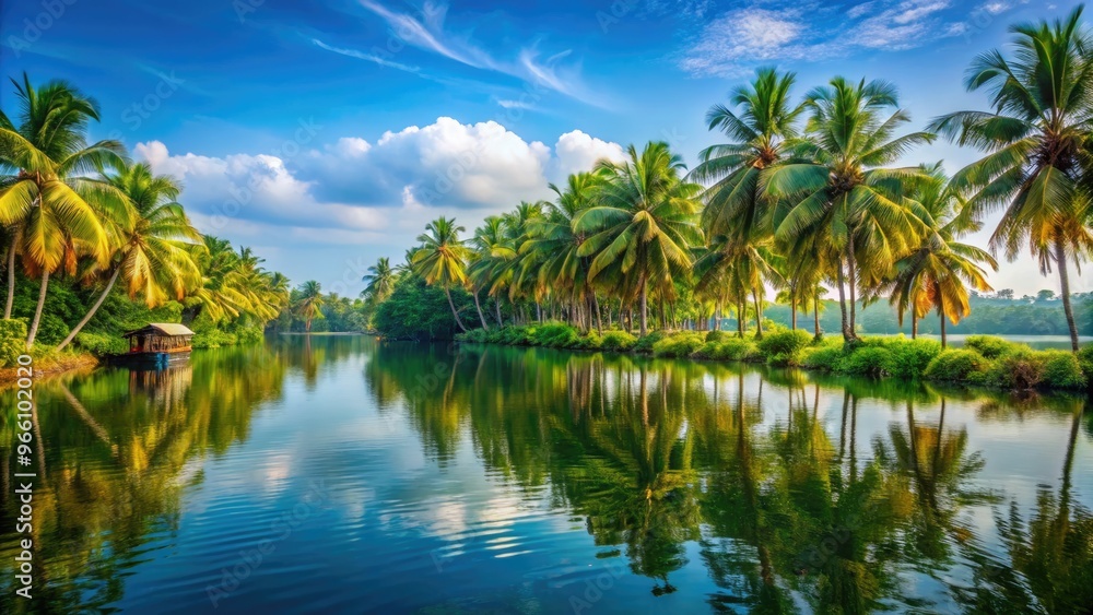 Tranquil Backwaters Lined With Lush Green Coconut Palms Under A Clear Blue Sky In The Serene Beauty Of Kerala'S Natural Landscapes. Tranquil Backwaters Lined With Lush Green Coconut Palms Under A Clear Blue Sky In The Serene Beauty Of Kerala'S Natural Landscapes.