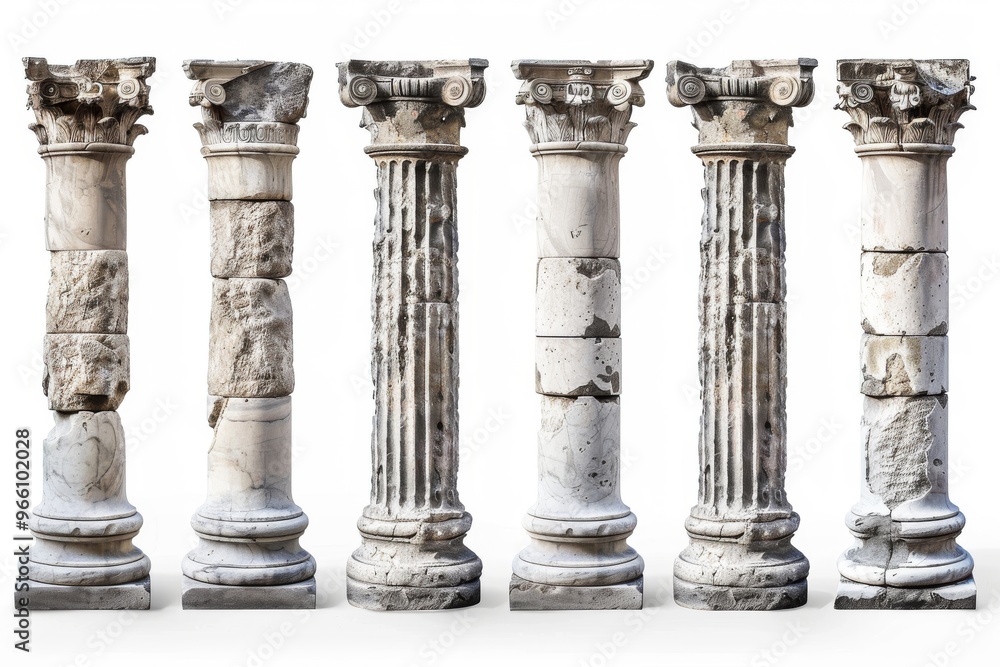 Obraz premium Stone Pillars Set Isolated, Old Roman Columns, Marble Greek Pillar, Rome Greece Architecture