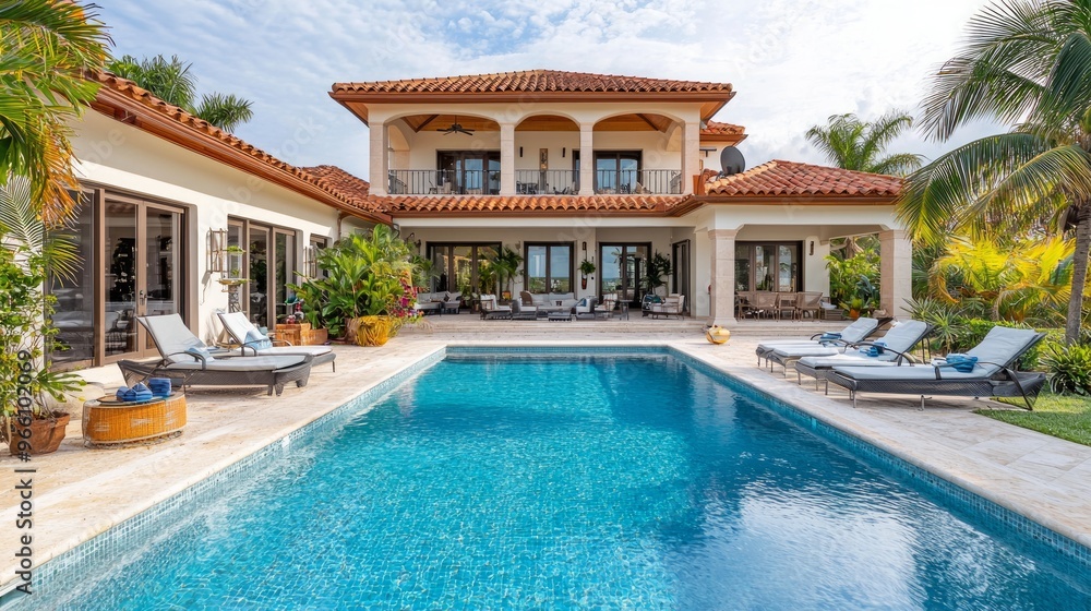 Luxury villa with a swimming pool in a tropical outdoor setting Luxury villa with a swimming pool in a tropical outdoor setting