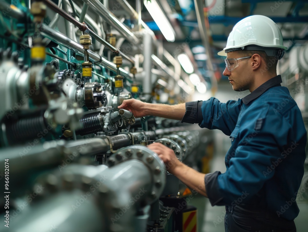 Engineer in protective gear inspecting industrial machinery in a factory, ensuring operational safety and efficiency. Engineer in protective gear inspecting industrial machinery in a factory, ensuring operational safety and efficiency.