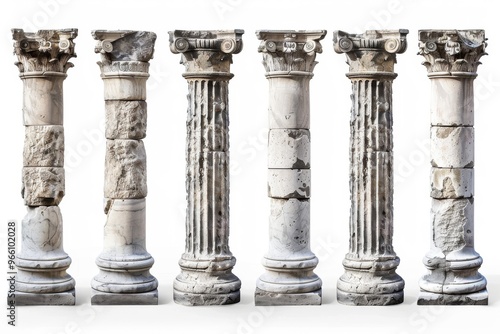 Stone Pillars Set Isolated, Old Roman Columns, Marble Greek Pillar, Rome Greece Architecture