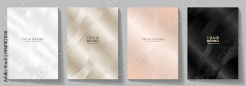 Black, gold, pink, white elegant cover design set, waves pattern. Modern Luxury vector art background. Premium fashionable template for cover design, invitation, flyer, wedding card, note book, menu