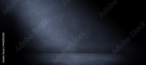 Dark concrete room background with blue lighting. Three dimensional space for mock up 