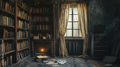 An old library inside a haunted house, with dusty bookshelves, torn curtains, and a single candle burning next to a cracked window photo