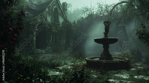 The overgrown garden of a haunted house, with tangled weeds, a dilapidated fountain, and a ghostly mist rising from the ground photo