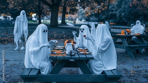 White ghosts having a spooky picnic on a dark blue wooden table, perfect for Halloween celebrations. 
 photo