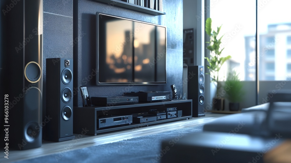 Modern home theater setup with flat screen tv, speakers, and media console. Modern home theater setup with flat screen tv, speakers, and media console.