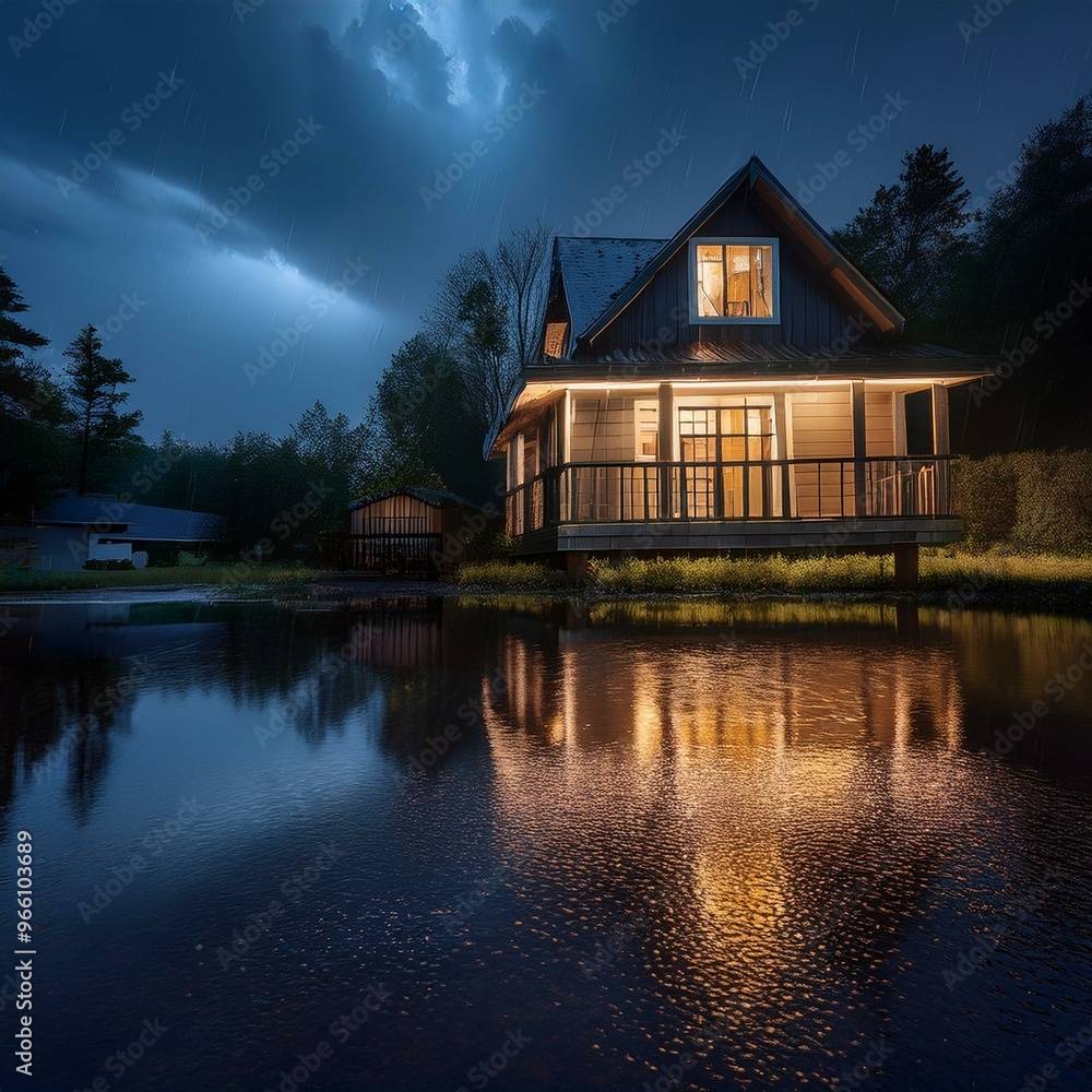 Fototapeta premium rain scene of house reflected on the water at night