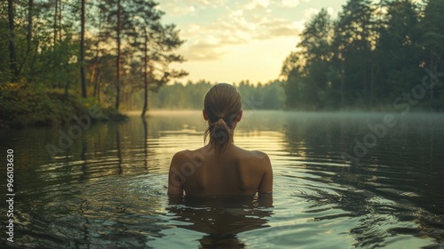 A woman swimming in a peaceful lake at sunrise surrounded by nature
