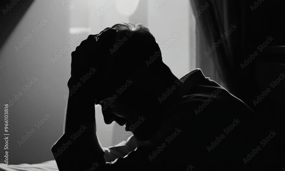 silhouette of a person crying and depressed in dark room