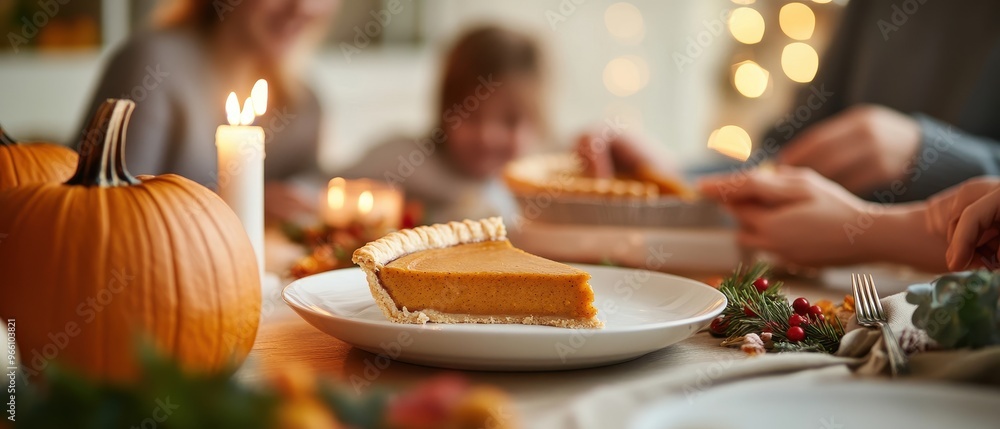A cozy gathering around a table featuring pumpkin pie, candles, and seasonal decor, perfect for festive family moments. A cozy gathering around a table featuring pumpkin pie, candles, and seasonal decor, perfect for festive family moments.