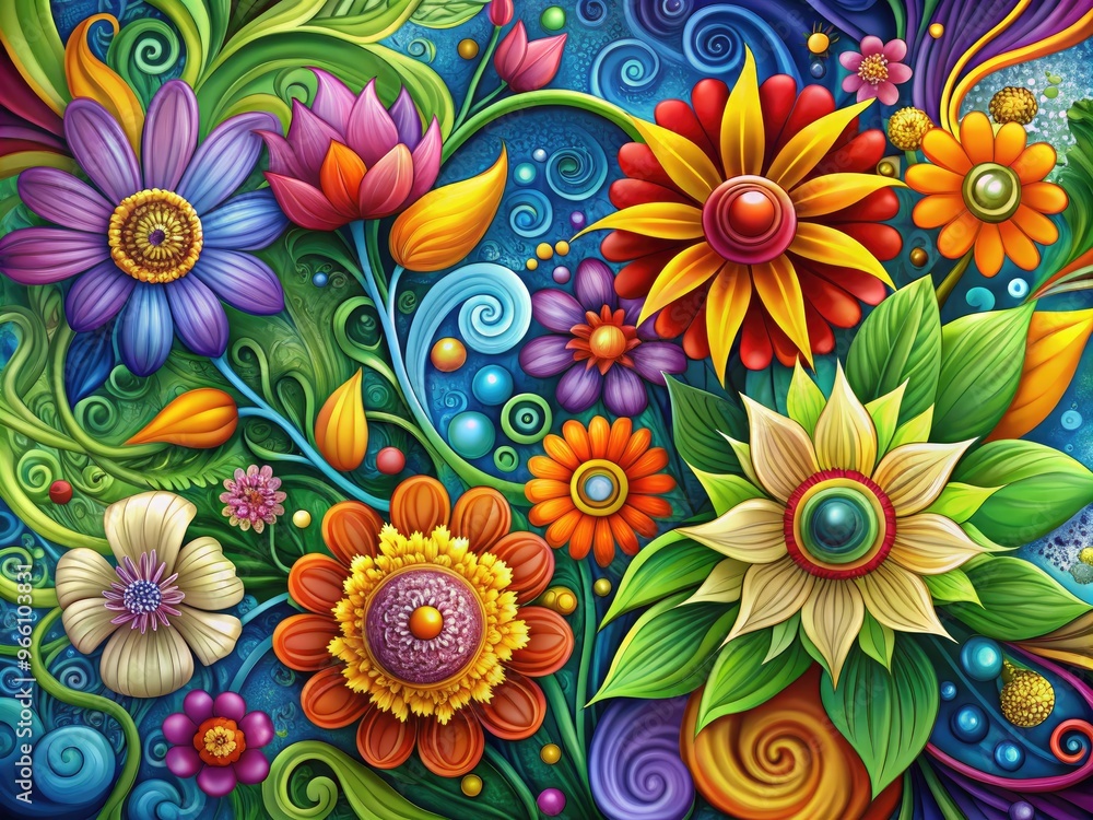 Vibrant, colorful flowers bloom amidst swirling patterns of abstract shapes and swirling lines, creating a whimsical, playful atmosphere in this digital illustration clipart design. Vibrant, colorful flowers bloom amidst swirling patterns of abstract shapes and swirling lines, creating a whimsical, playful atmosphere in this digital illustration clipart design.