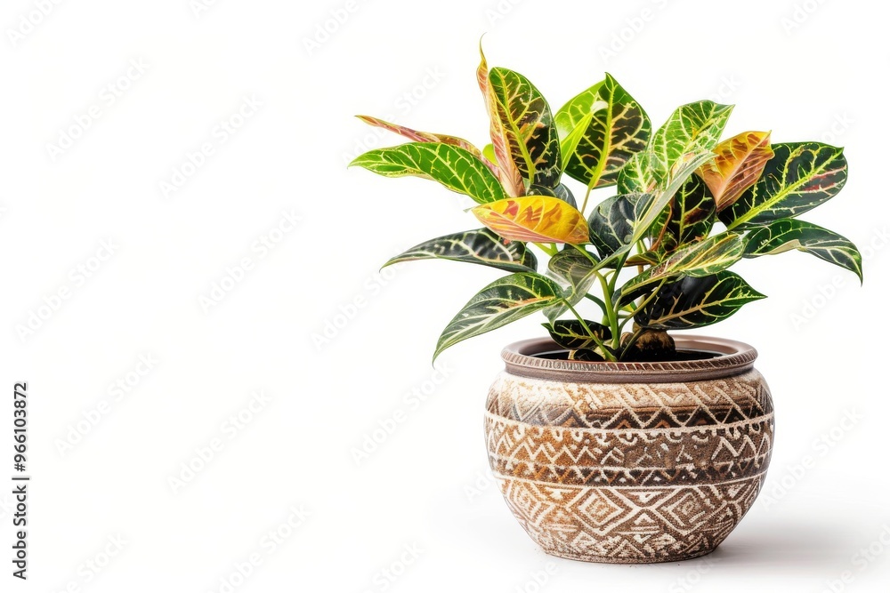 Croton (Codiaeum variegatum) in Flowerpot Closeup, Croton Macro House Plant in Flowerpot Croton (Codiaeum variegatum) in Flowerpot Closeup, Croton Macro House Plant in Flowerpot