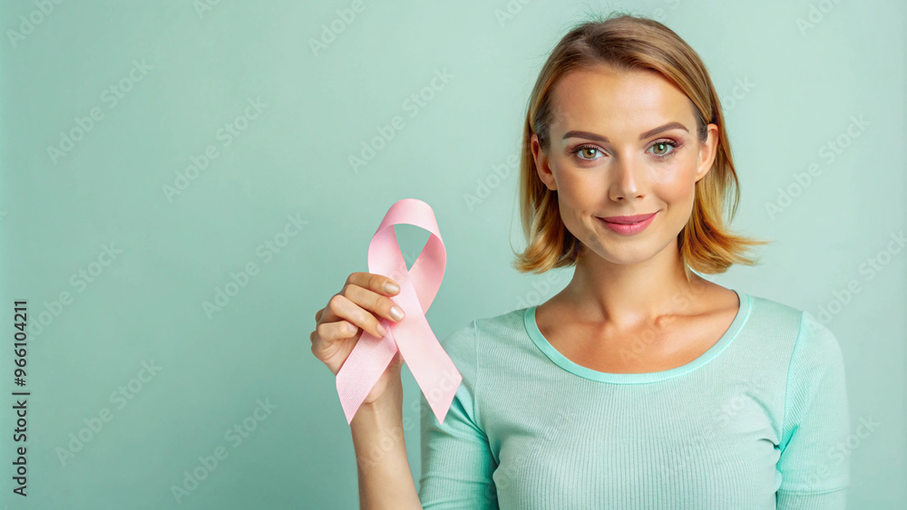 Young woman with Breast cancer ribbon Young woman with Breast cancer ribbon