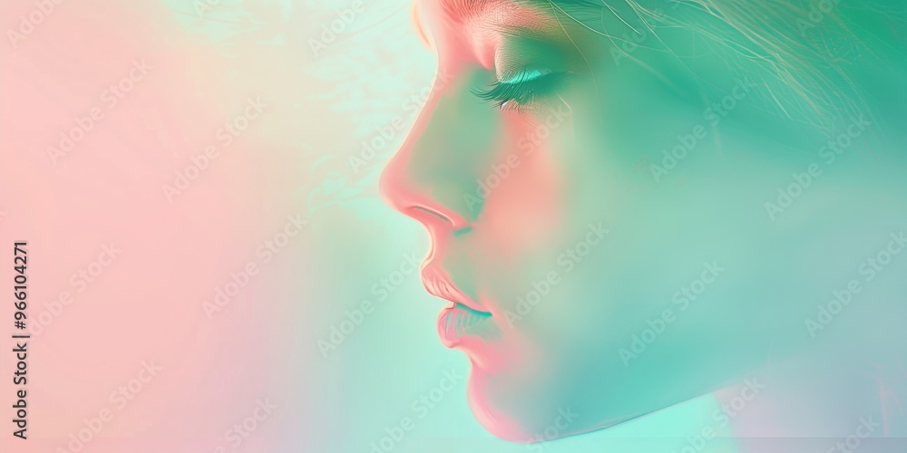 Abstract background with a girl's face and pastel gradient, soft pink, blue, and green tones, blurred texture, minimalistic design, calming colors, smooth transitions. Abstract background with a girl's face and pastel gradient, soft pink, blue, and green tones, blurred texture, minimalistic design, calming colors, smooth transitions.