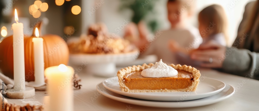 A warm, inviting scene featuring a delicious pumpkin pie adorned with whipped cream, surrounded by candles and festive decor. A warm, inviting scene featuring a delicious pumpkin pie adorned with whipped cream, surrounded by candles and festive decor.
