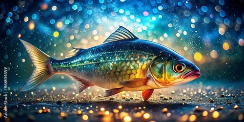 A vibrant, freshly caught fish glistens with droplets of water, its scales shimmering under the warm glow of photo