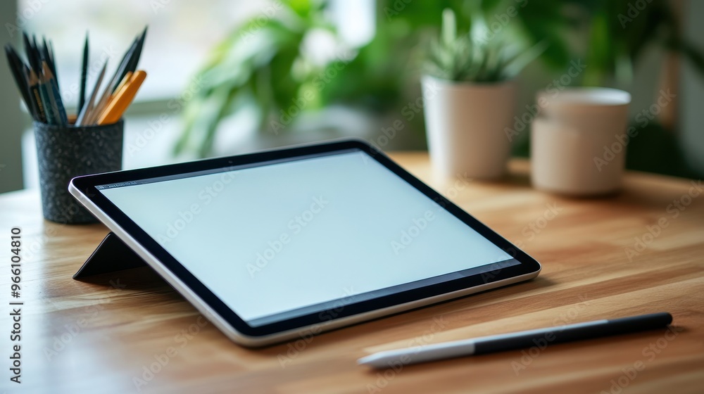 A modern tablet on a wooden desk surrounded by plants, ideal for work, study, or creative projects with a minimalist aesthetic. A modern tablet on a wooden desk surrounded by plants, ideal for work, study, or creative projects with a minimalist aesthetic.