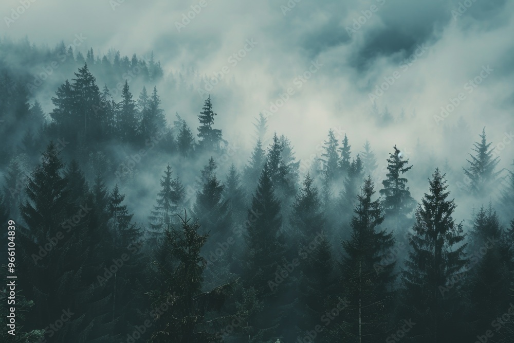 Misty foggy forest, fir mountains, natural mist landscape, dark woods view, mystery clouds on pine trees Misty foggy forest, fir mountains, natural mist landscape, dark woods view, mystery clouds on pine trees