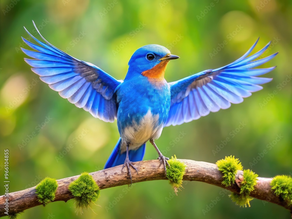 Vibrant And Cheerful Blue Bird Perched On A Branch With Its Wings Spread, Representing Hope And Happiness. Vibrant And Cheerful Blue Bird Perched On A Branch With Its Wings Spread, Representing Hope And Happiness.