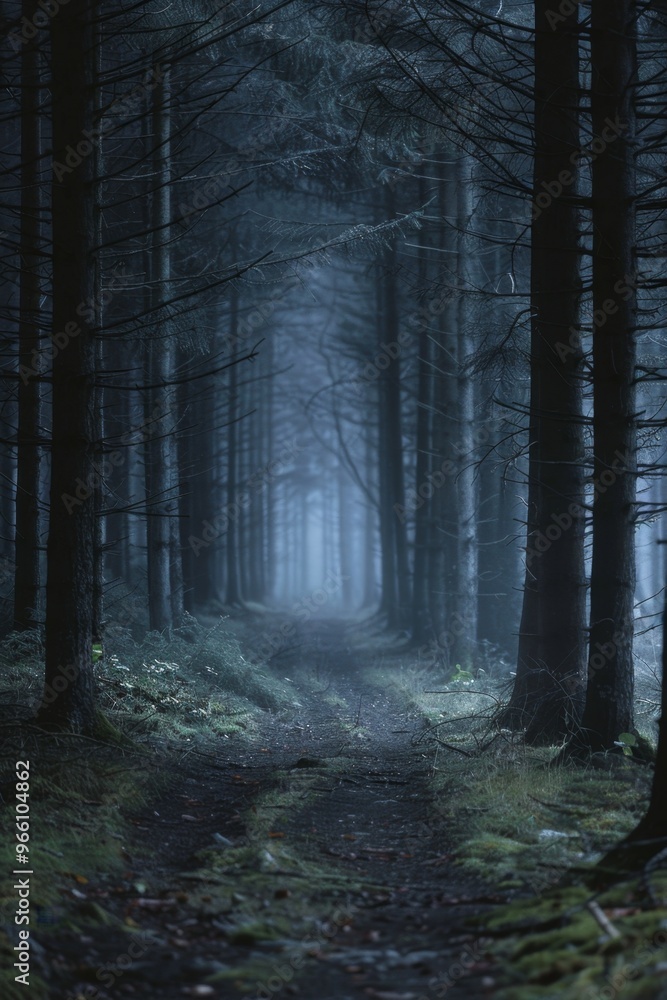 Fototapeta premium Misty foggy forest, fir mountains, natural mist landscape, dark woods view, mystery clouds on pine trees