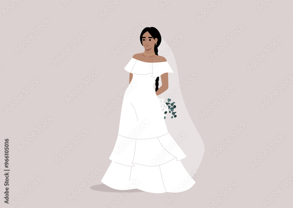 Fototapeta premium A breathtaking flamenco-inspired wedding dress showcasing elegant ruffles and a romantic silhouette, perfectly tailored for an enchanting celebration in a sunlit garden