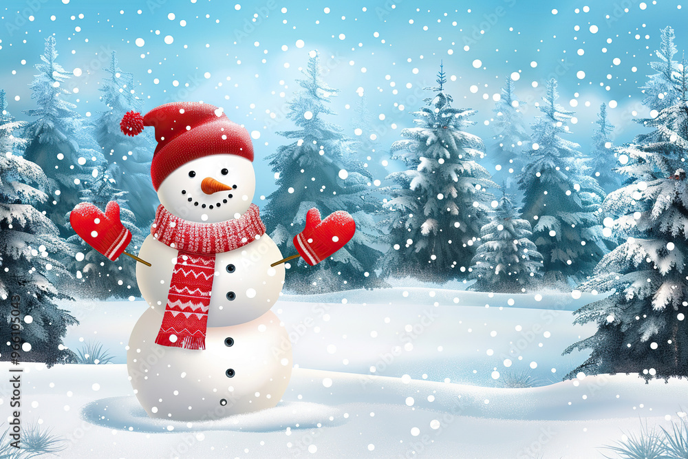 Christmas greeting card with bright winter holiday snowman and New Year background Christmas greeting card with bright winter holiday snowman and New Year background