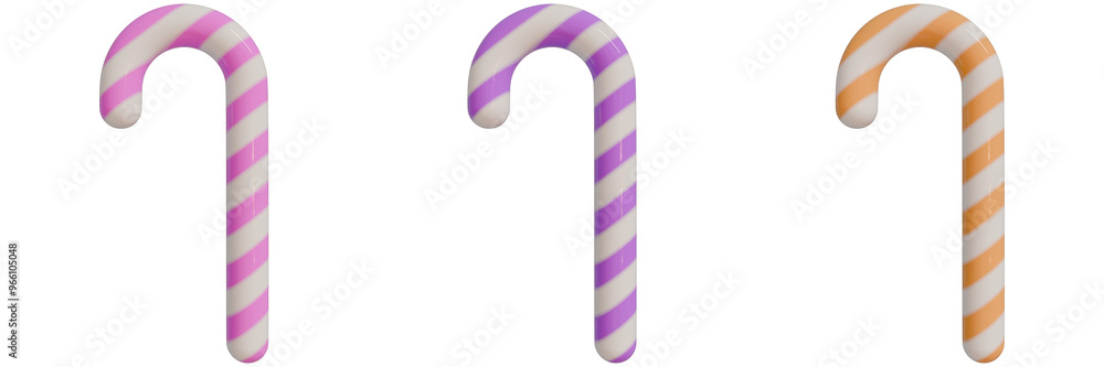 set of 3d christmas icons, three colorful candy canes with vibrant stripes, showcasing pastel pink, pale magenta, light orange against an isorated background set of 3d christmas icons, three colorful candy canes with vibrant stripes, showcasing pastel pink, pale magenta, light orange against an isorated background
