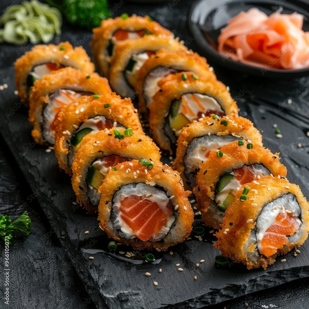Tempura Maki Set, Deep Fried Sushi Rolls with Salmon and Philadelphia Cheese, Tuna Fish Tempura Maki Set, Deep Fried Sushi Rolls with Salmon and Philadelphia Cheese, Tuna Fish