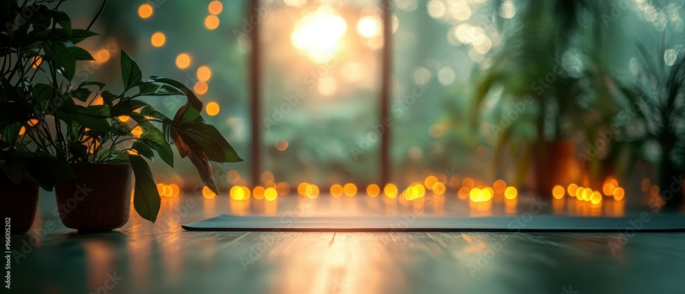 Serene yoga studio bokeh lights on muted green background Serene yoga studio bokeh lights on muted green background