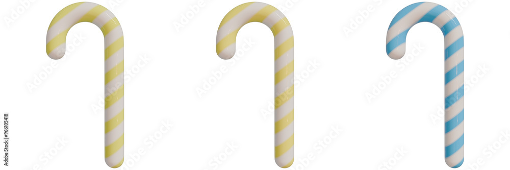 set of 3d christmas icons, three colorful candy canes with vibrant stripes, showcasing light yellow, light orange, light light blue against an isorated background set of 3d christmas icons, three colorful candy canes with vibrant stripes, showcasing light yellow, light orange, light light blue against an isorated background