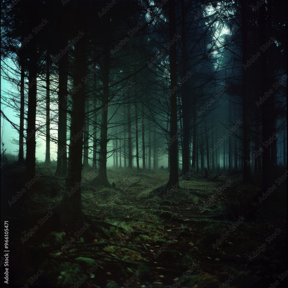 Fototapeta premium A mysterious and foggy forest with towering trees, creating an eerie and enchanted atmosphere during twilight.