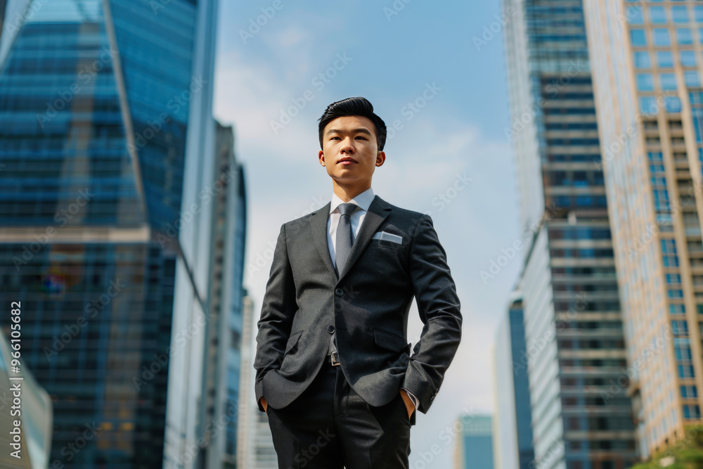 Well-groomed, rich Chinese young man in full height in an expensive suit against the background of blurry skyscrapers, view from below. Well-groomed, rich Chinese young man in full height in an expensive suit against the background of blurry skyscrapers, view from below.