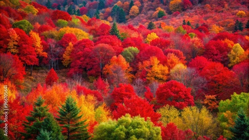 Vibrant Autumn Forest Foliage In Shades Of Crimson And Scarlet, Creating A Fiery And Picturesque Natural Tapestry.