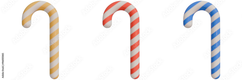 set of 3d christmas icons, three colorful candy canes with vibrant stripes, showcasing light orange, light red, light light blue against an isorated background set of 3d christmas icons, three colorful candy canes with vibrant stripes, showcasing light orange, light red, light light blue against an isorated background