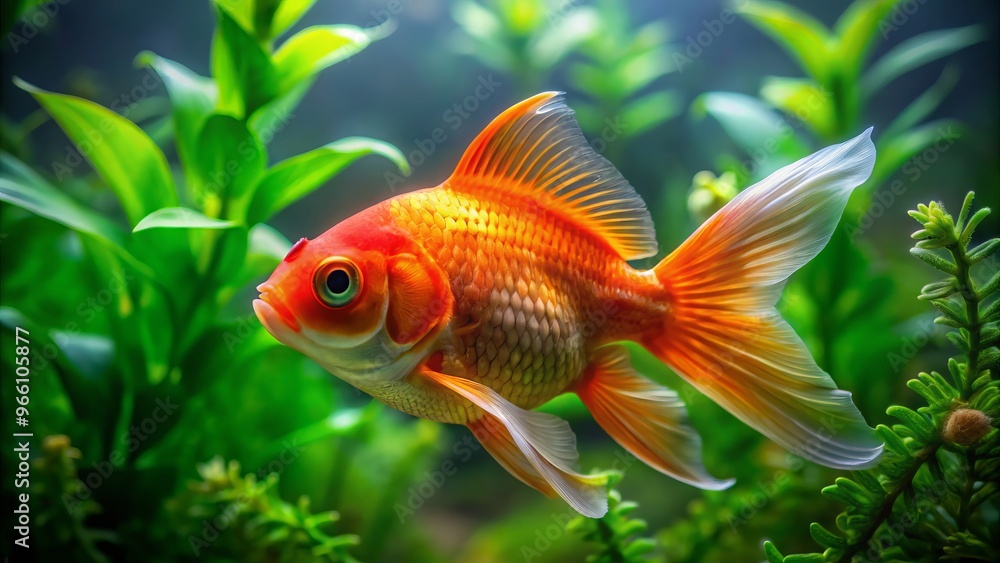 A vibrant orange goldfish with a distinctive bright red spot on its forehead swims peacefully in a clear A vibrant orange goldfish with a distinctive bright red spot on its forehead swims peacefully in a clear