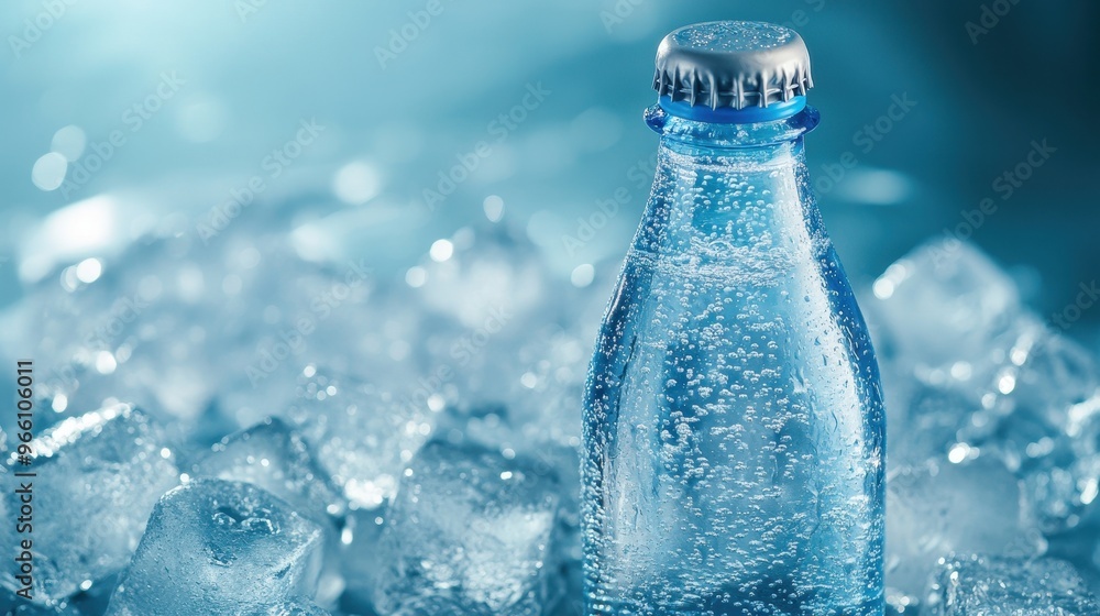 A refreshing bottle of water nestled among ice cubes, perfect for summer hydration and cool beverages. A refreshing bottle of water nestled among ice cubes, perfect for summer hydration and cool beverages.