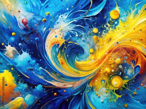 Vibrant blue and yellow paint splatters erupt from a canvas, creating a dynamic, abstract artwork with textured, swirling patterns and energetic, expressive brushstrokes. photo